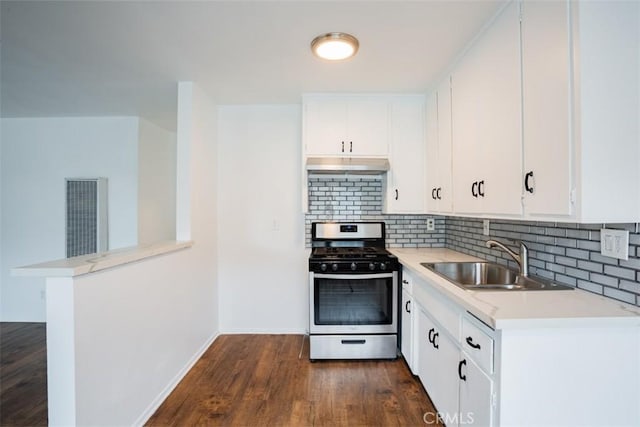 kitchen featuring sink, white cabinetry, dark wood-type flooring, and stainless steel gas range