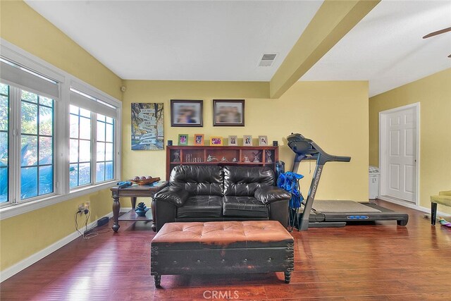 exercise room featuring hardwood / wood-style floors and ceiling fan