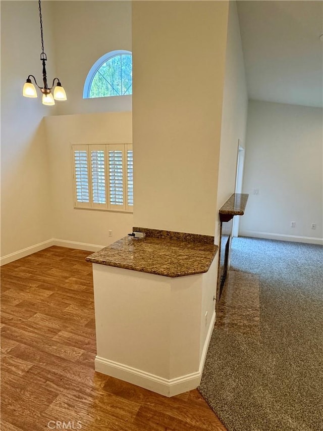 kitchen with dark countertops, hanging light fixtures, a high ceiling, and wood finished floors