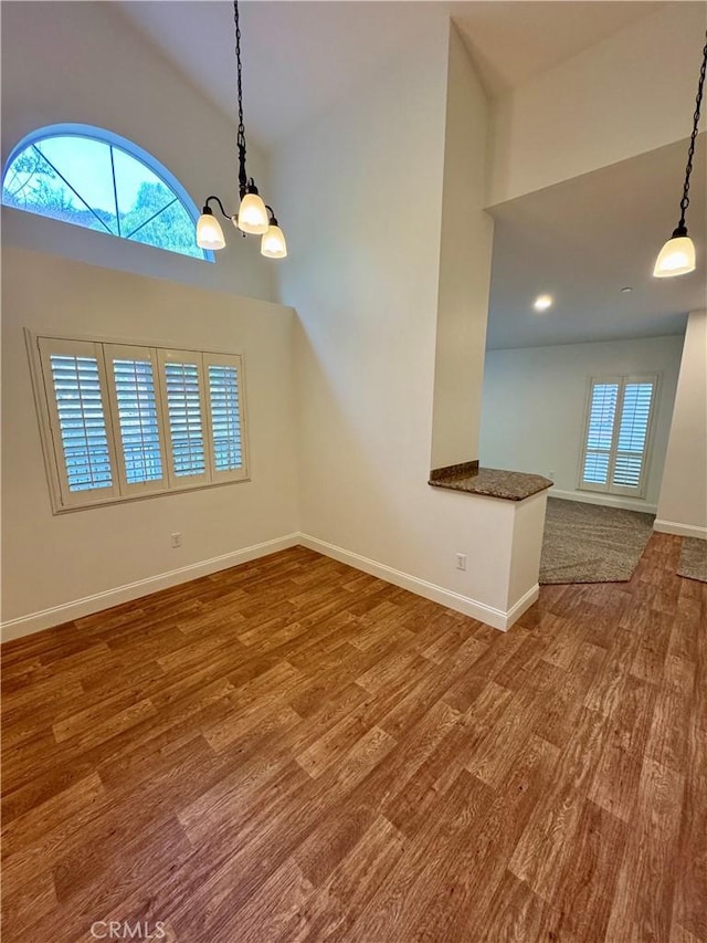 unfurnished dining area with plenty of natural light, wood finished floors, and baseboards