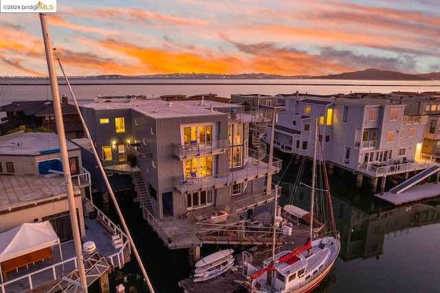 exterior space with a water view