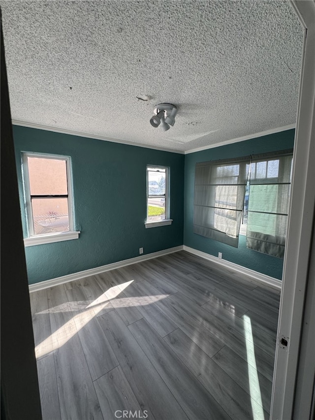 empty room with wood-type flooring and ornamental molding