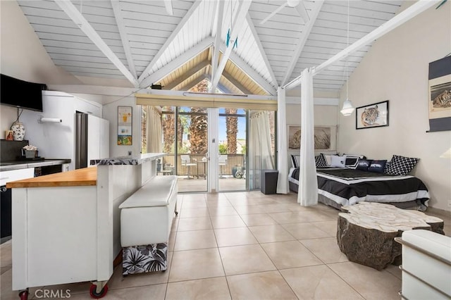 living room with light tile patterned floors, high vaulted ceiling, and beamed ceiling