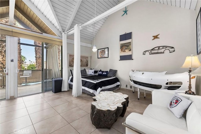 bedroom with lofted ceiling with beams, wood ceiling, access to outside, and light tile patterned floors