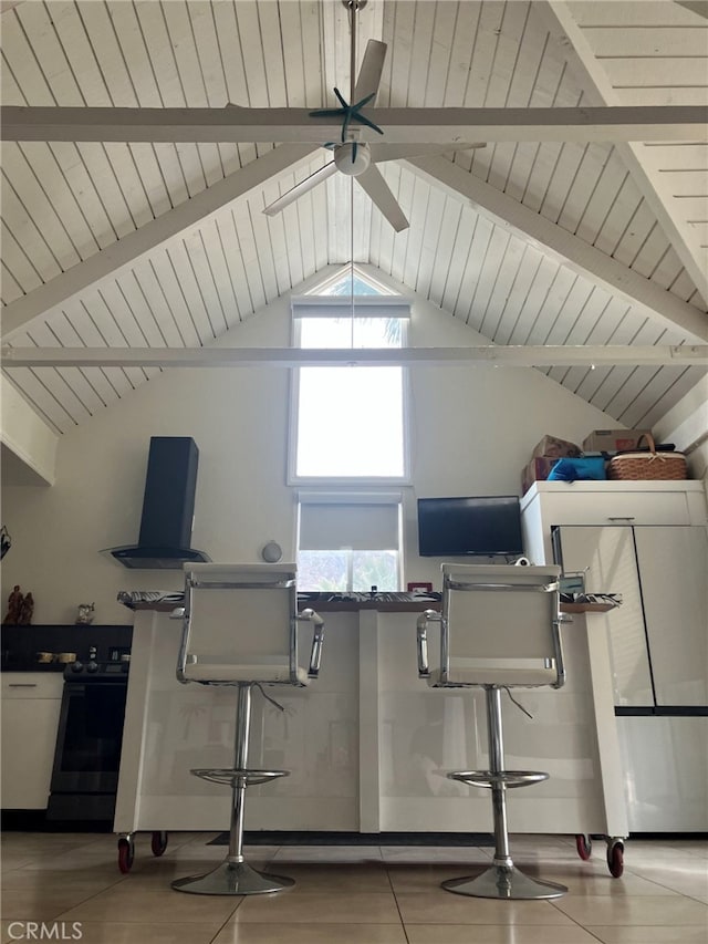 home office featuring wood ceiling, lofted ceiling with beams, and ceiling fan