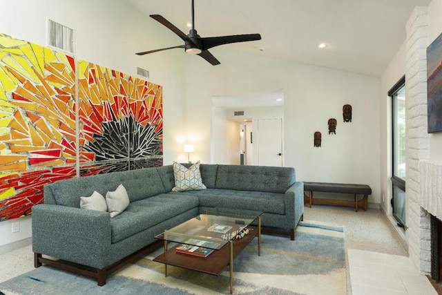 living room featuring ceiling fan and high vaulted ceiling