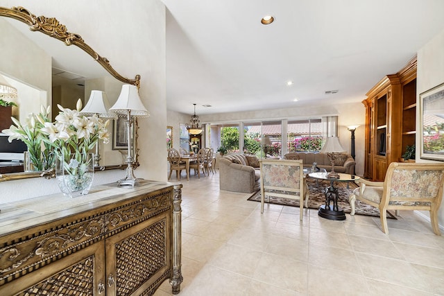 living room with light tile patterned floors