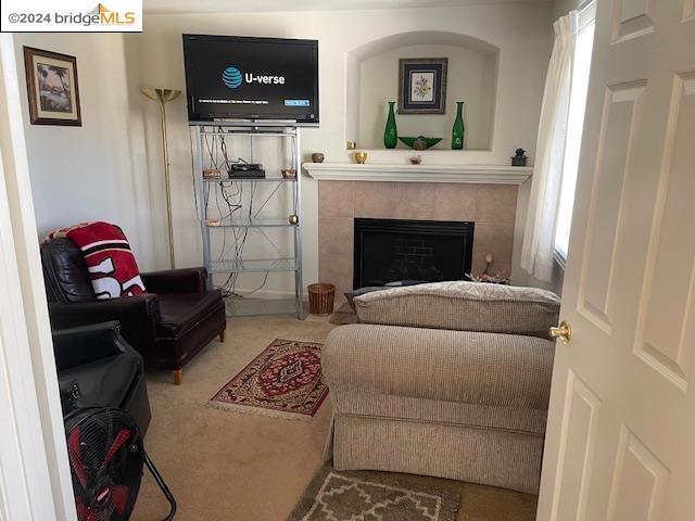 carpeted living room with a healthy amount of sunlight and a fireplace