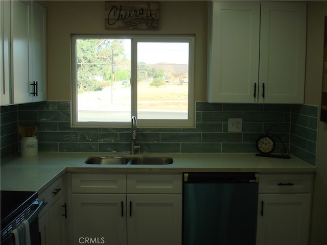 kitchen featuring white cabinets, sink, decorative backsplash, and stainless steel dishwasher