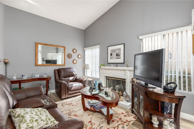 living room with hardwood / wood-style flooring, a fireplace, and high vaulted ceiling