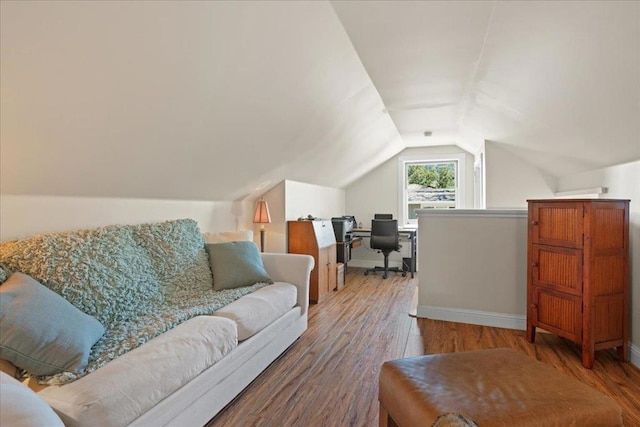 living room with wood-type flooring and lofted ceiling