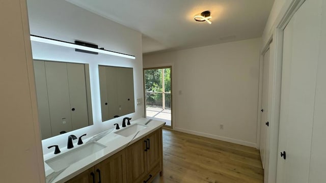 bathroom with hardwood / wood-style floors and vanity