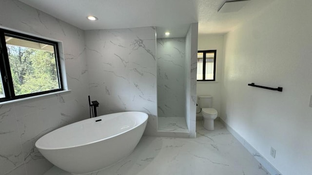 bathroom with toilet and separate shower and tub