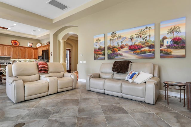 living room featuring light tile patterned floors