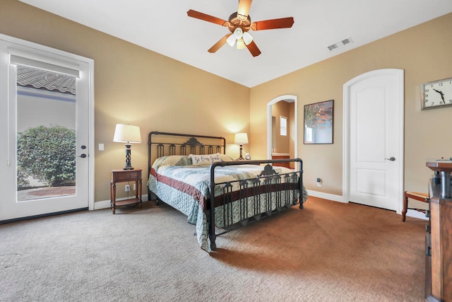 bedroom with carpet, ceiling fan, and access to exterior