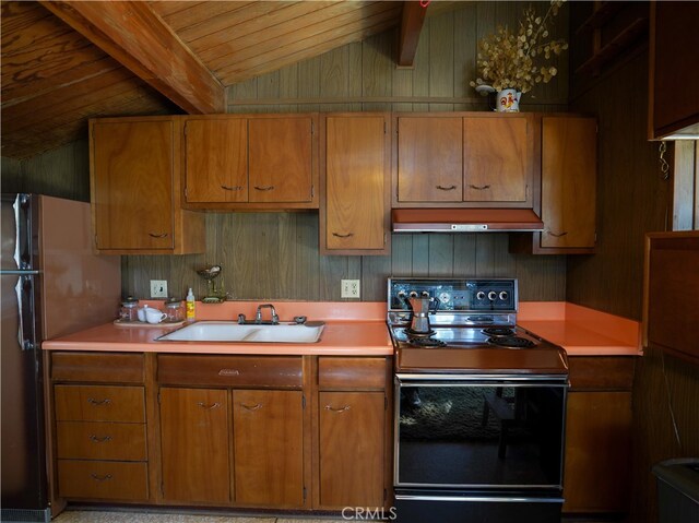 kitchen with black range with electric stovetop, sink, lofted ceiling with beams, range hood, and refrigerator