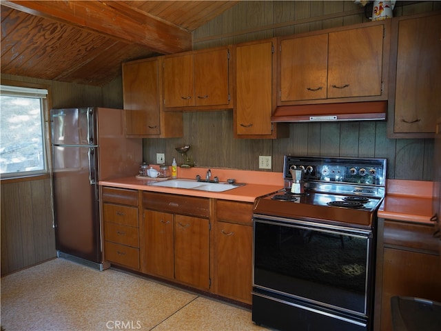 kitchen with lofted ceiling with beams, wooden ceiling, black electric range oven, refrigerator, and sink