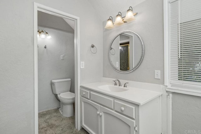 bathroom with vanity, lofted ceiling, and toilet