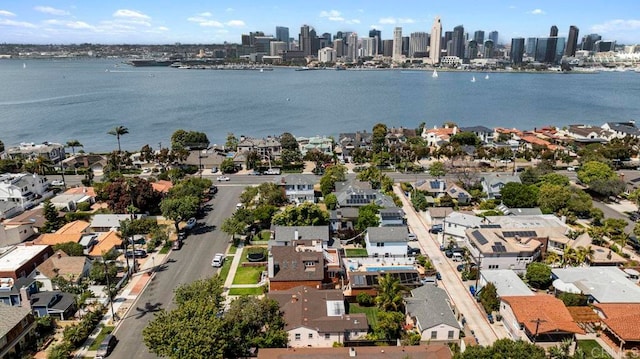 drone / aerial view with a water view