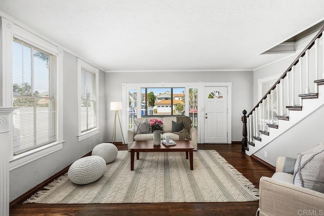 living room with ornamental molding, dark hardwood / wood-style flooring, and plenty of natural light