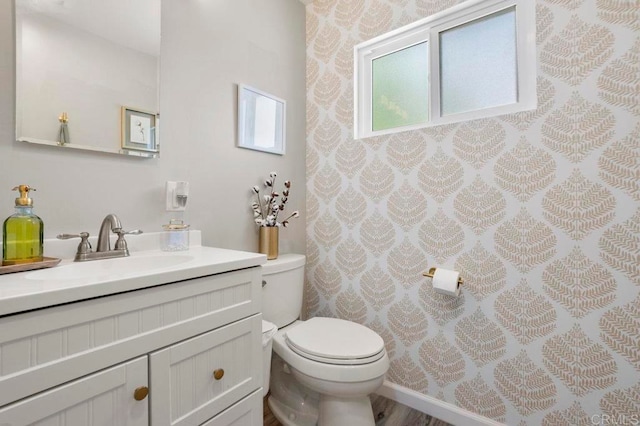 bathroom with vanity, hardwood / wood-style floors, and toilet