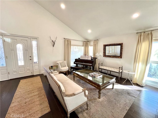 living room with high vaulted ceiling and dark hardwood / wood-style flooring