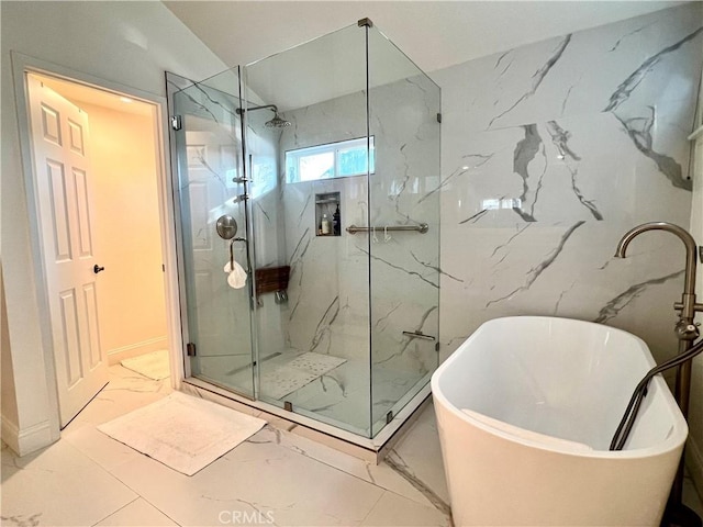 bathroom with vaulted ceiling and plus walk in shower