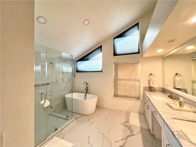 bathroom with separate shower and tub and vanity