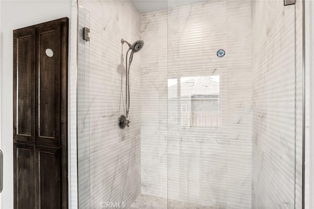 bathroom featuring a shower with shower door