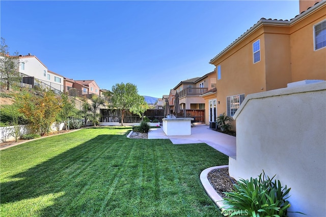 view of yard featuring a balcony, an outdoor kitchen, and a patio area