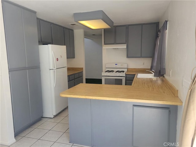 kitchen featuring kitchen peninsula, gray cabinetry, white appliances, sink, and light tile patterned floors