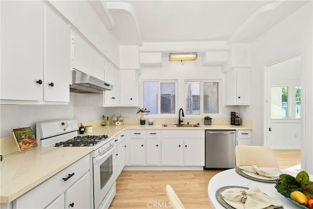 3959 Denker Ave, Los Angeles, CA 90062 - kitchen featuring stainless steel dishwasher, under cabinet range hood, white range with gas cooktop, a sink, and light wood-type flooring