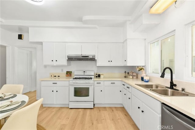 3959 Denker Ave, Los Angeles, CA 90062 - kitchen with stainless steel dishwasher, white range with gas stovetop, under cabinet range hood, a sink, and light wood-style floors