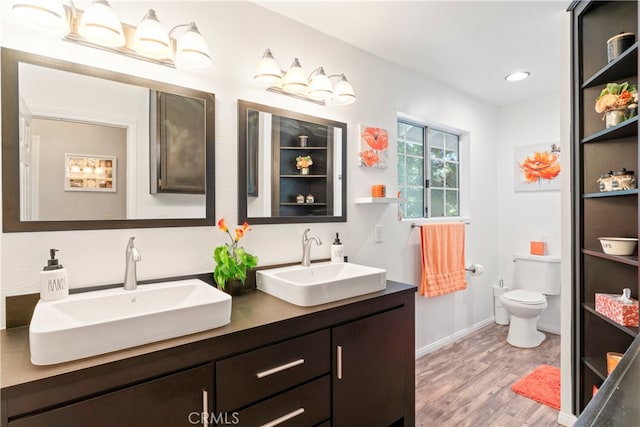 bathroom with wood-type flooring, vanity, and toilet