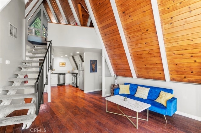 sitting room featuring wooden ceiling, vaulted ceiling with beams, and dark hardwood / wood-style floors