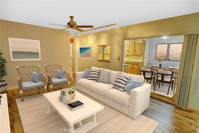 living room with ceiling fan, track lighting, and light wood-type flooring