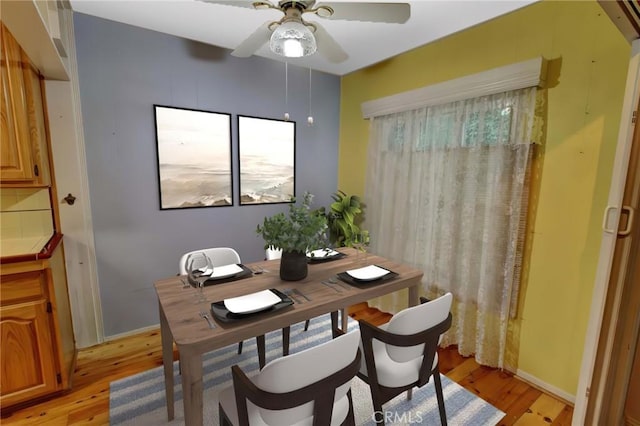 dining room featuring light hardwood / wood-style flooring and ceiling fan