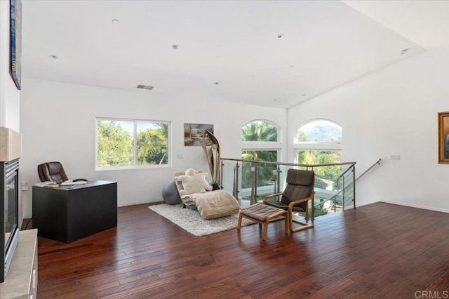 living area with dark hardwood / wood-style flooring, a premium fireplace, and plenty of natural light