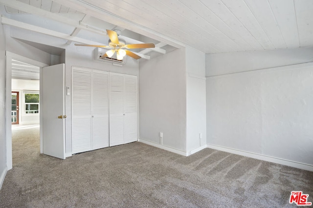 unfurnished bedroom with carpet floors, vaulted ceiling with beams, ceiling fan, and wooden ceiling