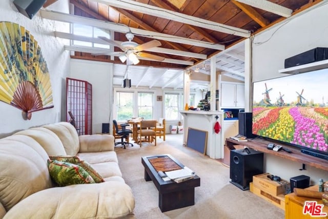 living room featuring wooden ceiling, lofted ceiling with beams, ceiling fan, and light colored carpet