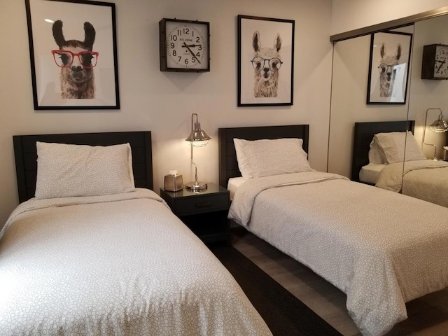 bedroom featuring wood-type flooring and a closet