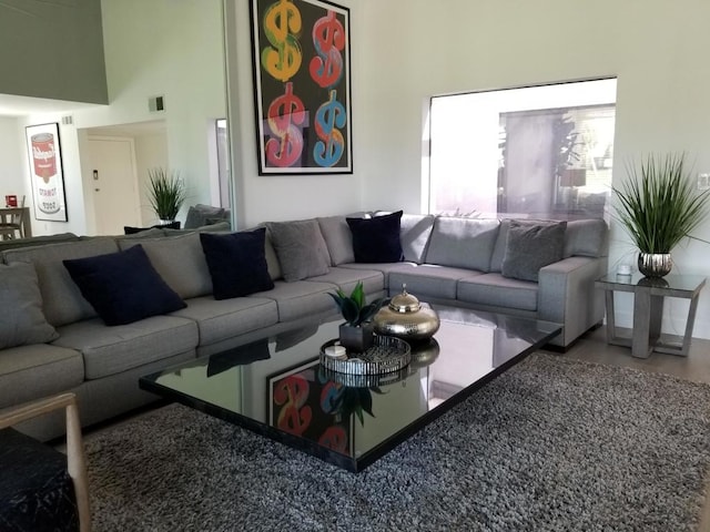 living room featuring a high ceiling