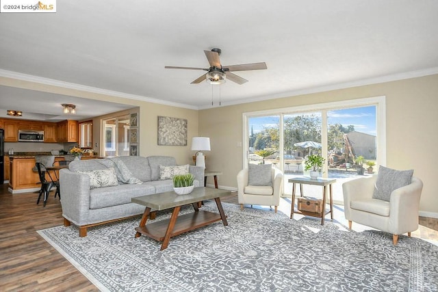 living room featuring wood-type flooring, ornamental molding, and ceiling fan