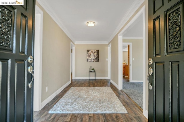 foyer with crown molding and dark hardwood / wood-style floors