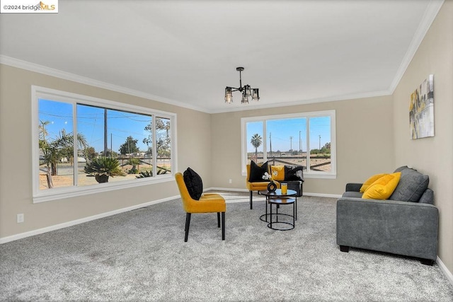 living area with a notable chandelier, crown molding, and carpet