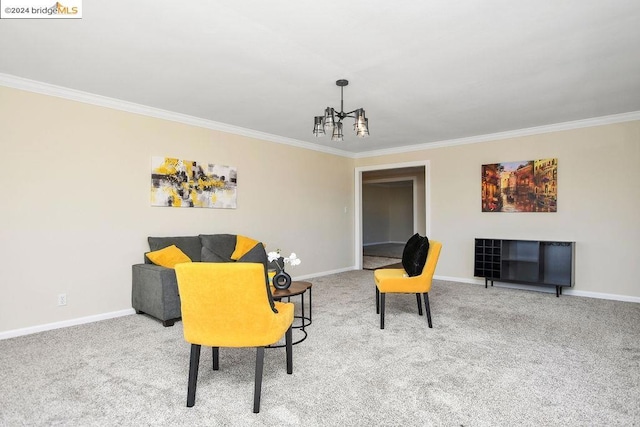 sitting room with light carpet, a notable chandelier, and ornamental molding