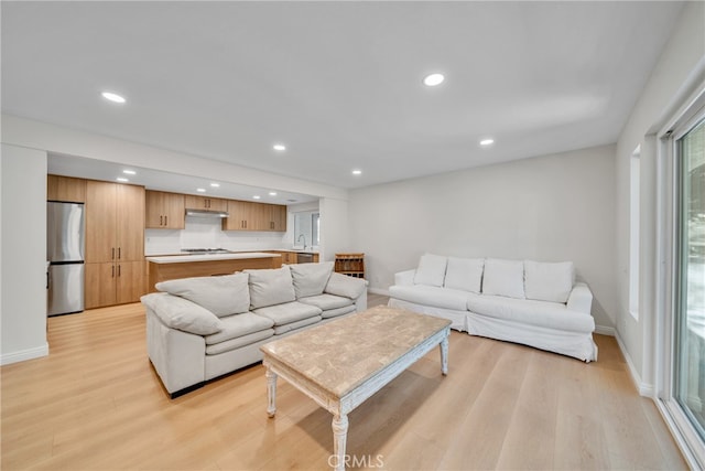 living room featuring light wood-type flooring and sink