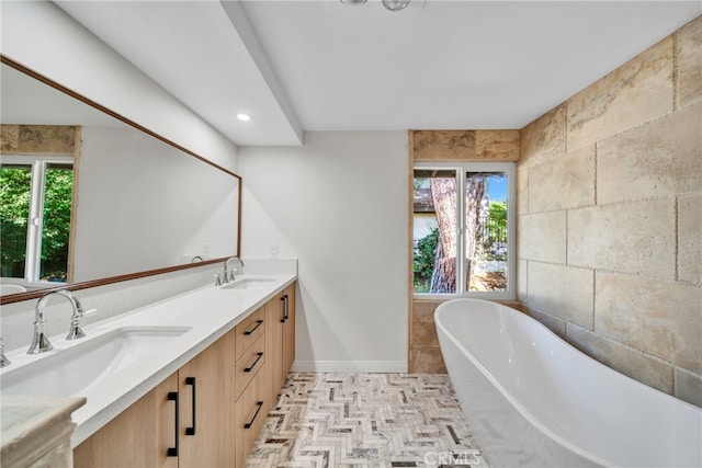 bathroom with vanity and a washtub