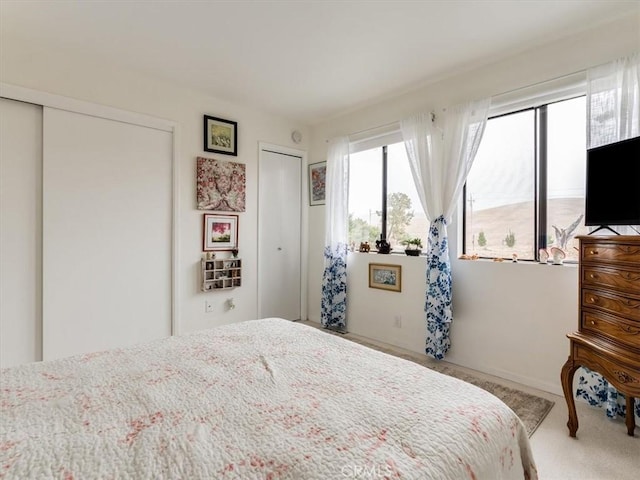 carpeted bedroom featuring multiple closets