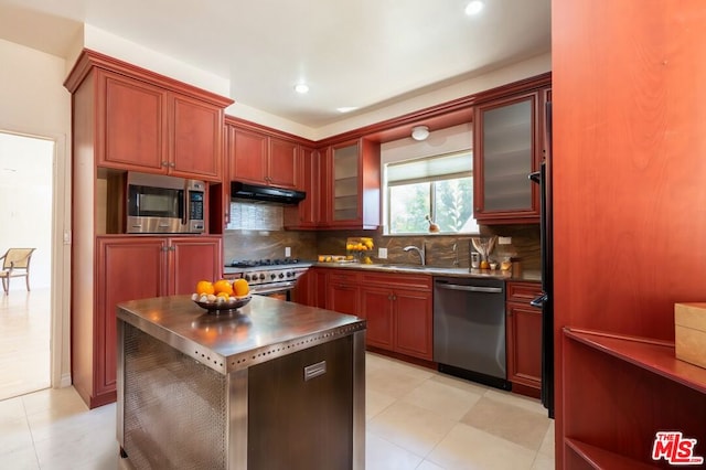 kitchen with appliances with stainless steel finishes, backsplash, a center island, and sink